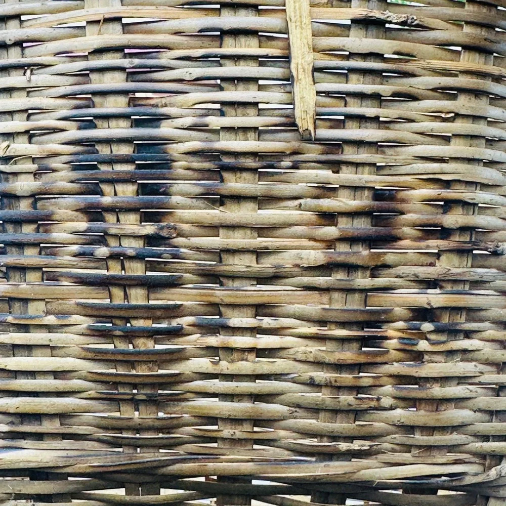 Vintage Bamboo Woven Basket with Handles Square Base Round Top Asian Boho